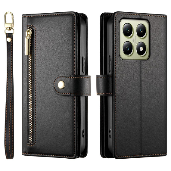 Pattintható tok a Xiaomi 14T, Wallet Zipper Pocket, fekete