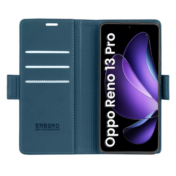 Tok Oppo Reno 13 Pro, ERBORD Glossy Litchi, pénztárca patenttal, kék