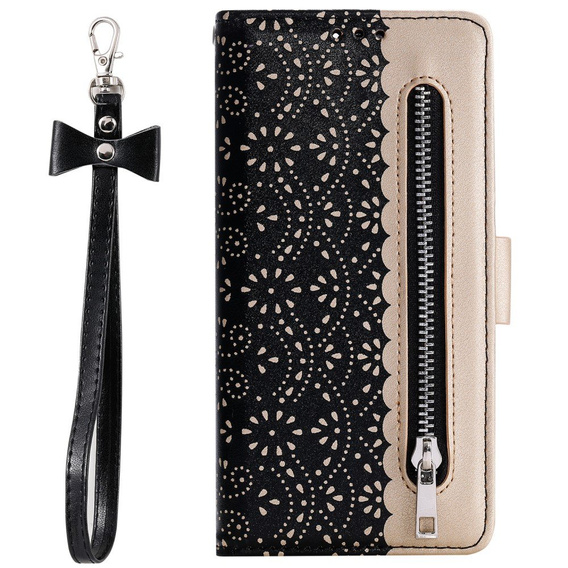 Flap tok Xiaomi Redmi Note 10 Pro / Pro Max, Wallet Pocket Zipper Lace, fekete