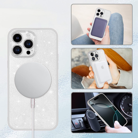 Tok iPhone 16 Pro-hoz, ERBORD Glitter MagSafe, átlátszó + képernyőüveg