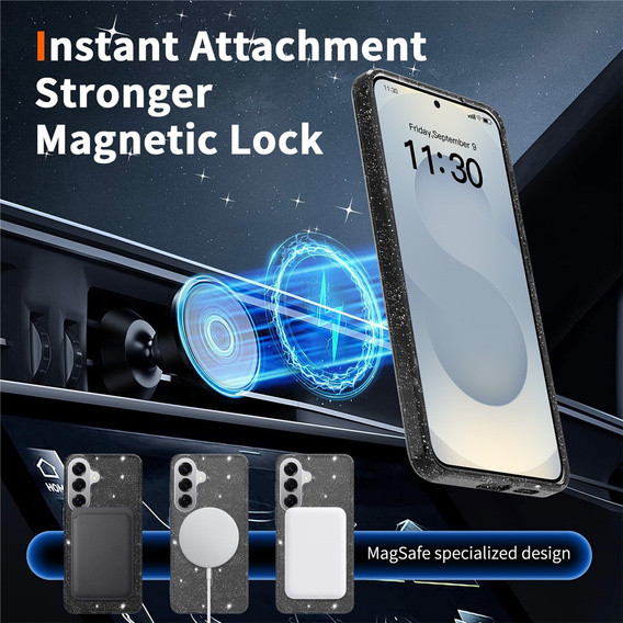 Csillogó tok, MagSafe-hez, Samsung Galaxy S26 Plus-hoz, átlátszó/fekete