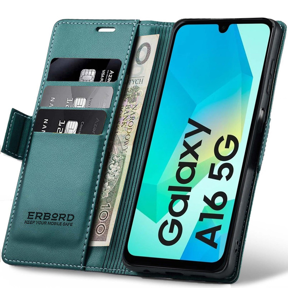 Tok Samsung Galaxy A16, ERBORD Glossy Litchi, pénztárca patenttal, zöld