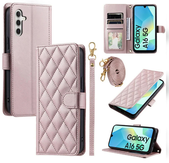 Flap tok Samsung Galaxy A16, Rhombus Crossbody Leather, rózsaszín rose gold