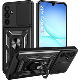 Páncélozott tok Samsung Galaxy A17 5G készülékhez, kameravédelemmel, állvánnyal, fekete
