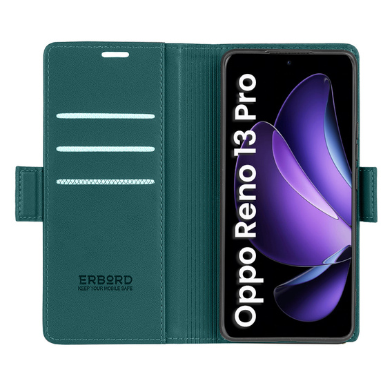 Tok Oppo Reno 13 Pro, ERBORD Glossy Litchi, pénztárca patenttal, zöld
