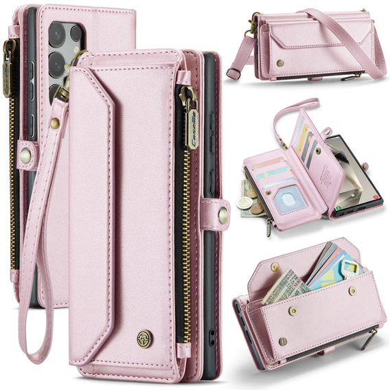 Tok CASEME Samsung Galaxy S25 Ultra, RFID Leather Wallet, vállpánttal, rózsaszín