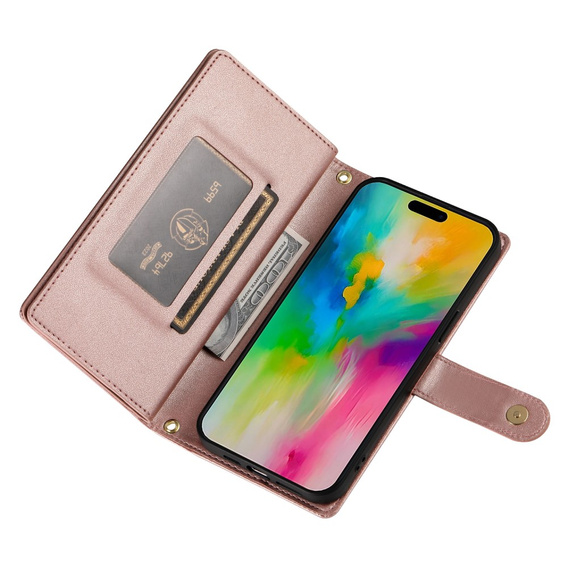 Pattintható tok a iPhone 16 Pro Max, Wallet Zipper Pocket, rózsaszín