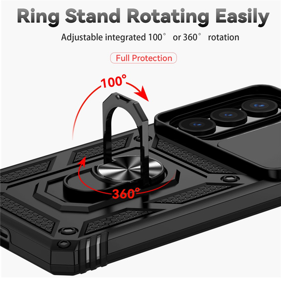 Páncélozott tok állvánnyal és objektívvédővel Samsung Galaxy S26 Plus készülékhez, fekete