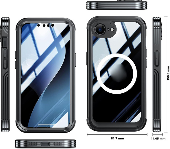 Tok iPhone 16E-hoz, Shockproof, üveggel, MagSafe-hoz, fekete