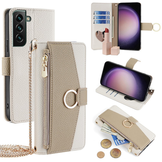 Flip tok Samsung Galaxy S23 FE, Wallet Zipper Pocket, tükörrel, fehér