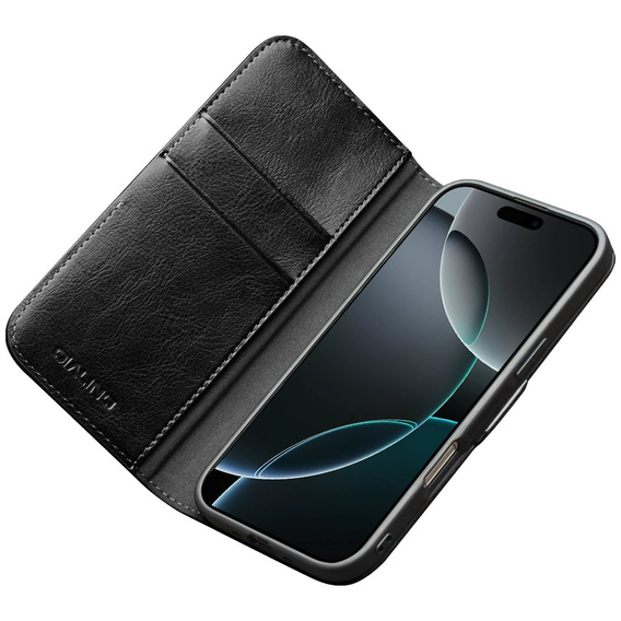 QIALINO valódi marhabőr flip tok iPhone 17 Pro készülékhez, fekete