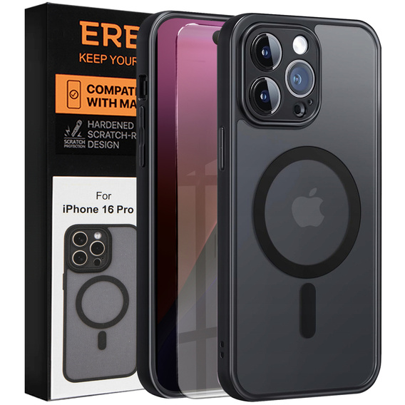 Tok iPhone 16 Pro-hoz, MagSafe, ERBORD Matt Case, fekete + képernyőüveg
