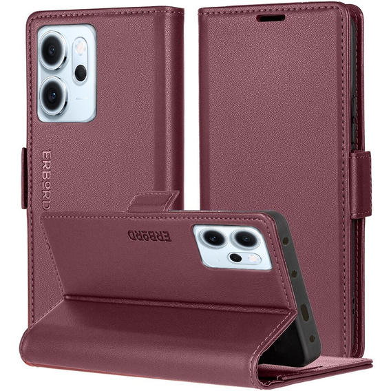 Tok Oppo Reno 14 F / 14 FS, ERBORD Glossy Litchi, pénztárca patenttal, piros