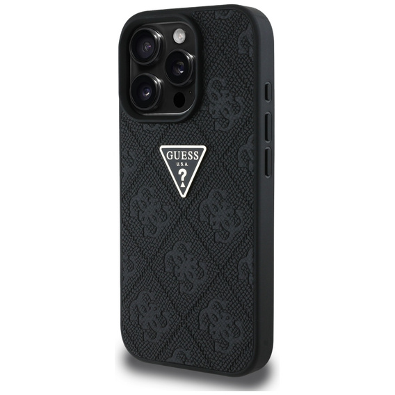 Guess Grained Hot Stamp 4G háromszög alakú fém tok iPhone 16 Pro Max készülékhez