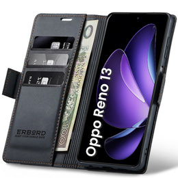 Tok Oppo Reno 13, ERBORD Glossy Litchi, pénztárca patenttal, fekete