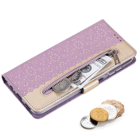 Flap tok Samsung Galaxy A55 5G, Wallet Pocket Zipper Lace, lila