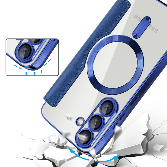 Pántos tok Samsung Galaxy A17 5G, RFID pénztárca, MagSafe, átlátszó / tengerészkék