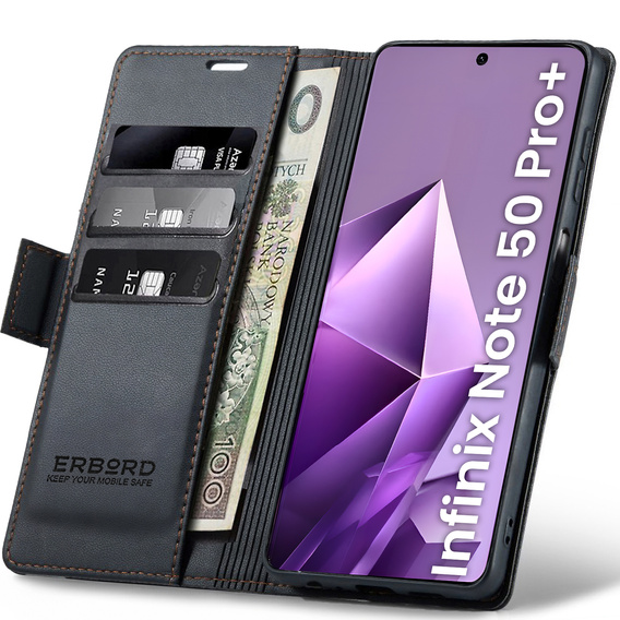 Tok Infinix Note 50 Pro+, ERBORD Glossy Litchi, pénztárca patenttal, fekete