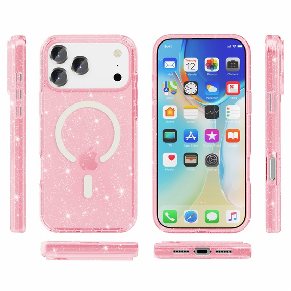 Tok iPhone 17 Pro készülékhez, MagSafe, csillogó, átlátszó rózsaszínű