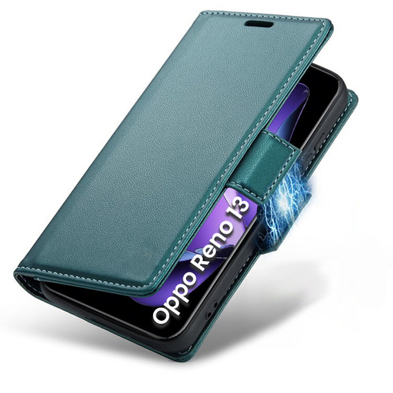 Tok Oppo Reno 13, ERBORD Glossy Litchi, pénztárca patenttal, zöld