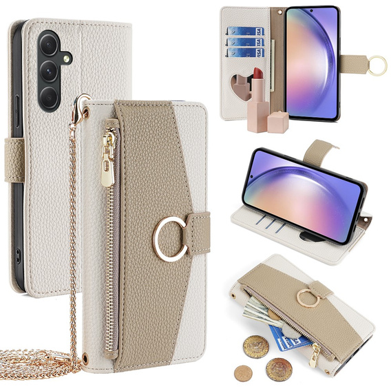 Flip tok Samsung Galaxy A54, Wallet Zipper Pocket, tükörrel, fehér