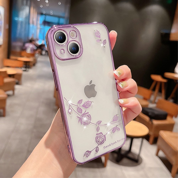 tok iPhone 15 Plus, csillogó virág, lila