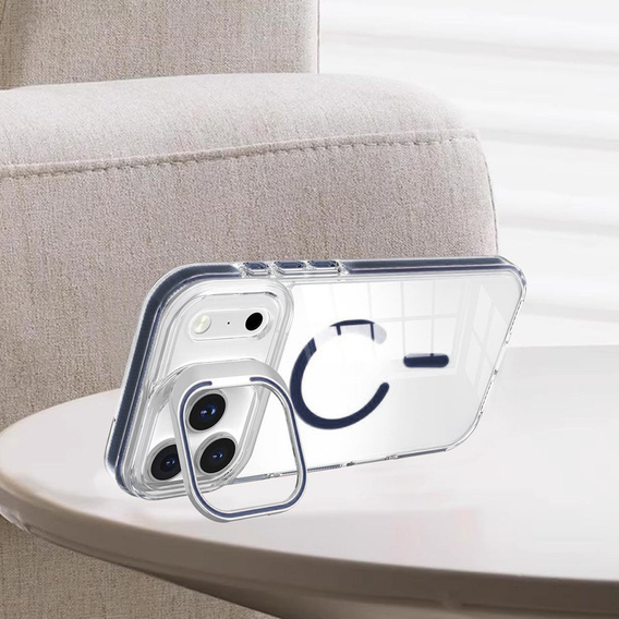 Tok iPhone 17 Pro Max készülékhez, MagSafe, állvánnyal, átlátszó, sötétkék betétekkel