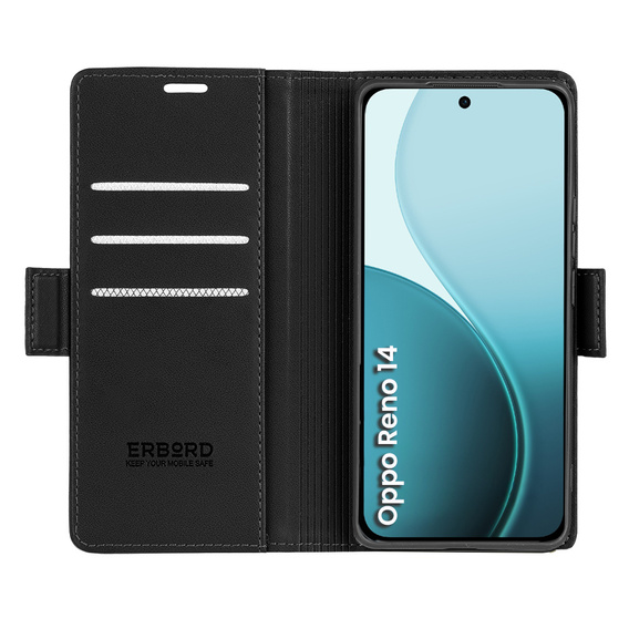 Tok Oppo Reno 14, ERBORD Glossy Litchi, pénztárca patenttal, fekete