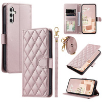 Flap tok Samsung Galaxy S24 FE, Rhombus Crossbody Leather, rózsaszín rose gold