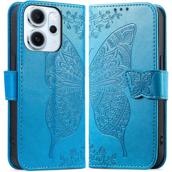 Pattintható tok Oppo Reno 14F, pénztárca, Butterfly, kék
