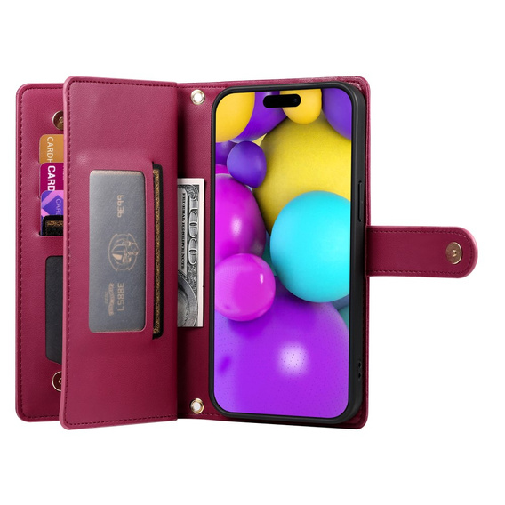 Pattintható tok a iPhone 16, Wallet Zipper Pocket, piros