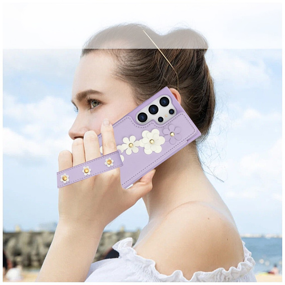 Tok Samsung Galaxy S25 Ultra, Leather Flower Card Slot, lila