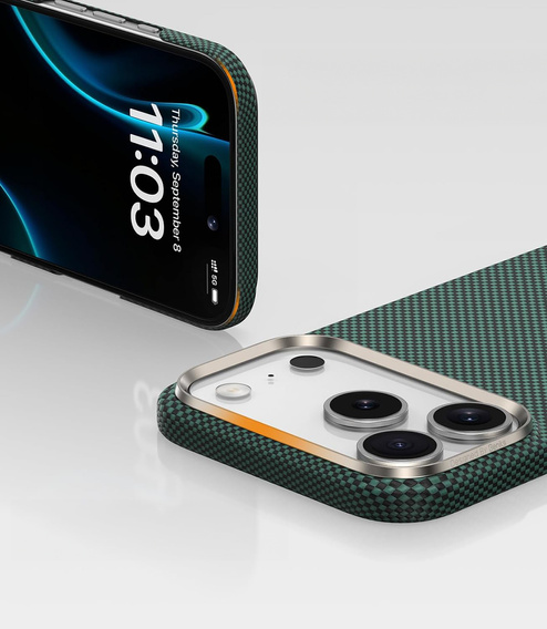 BENKS Kevlar tok iPhone 17 Pro Max készülékhez, Magnetic Armour Tint 1000D 0070, MagSafe kompatibilis, aktív gomb – zöld