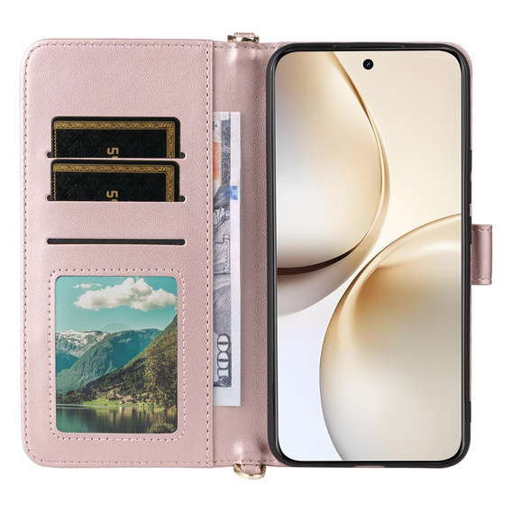Tok patenttal a Realme 14 Pro+ 5G-hez, Crossbody Leather Wallet, rózsaszín rose gold