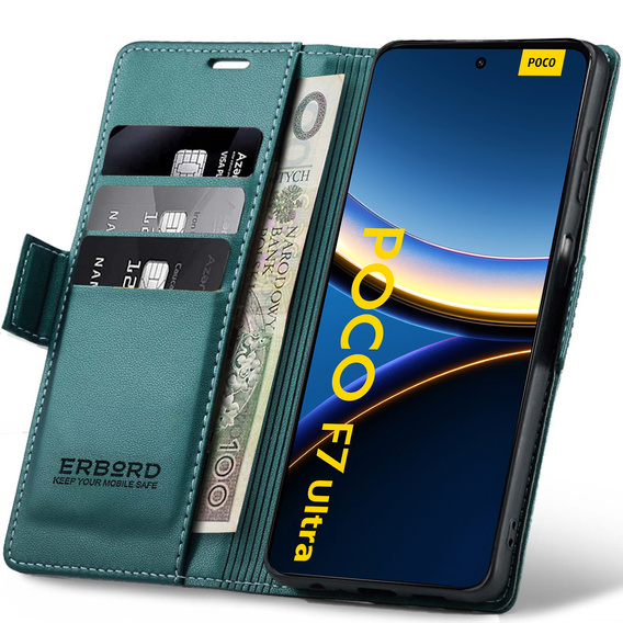 Tok Xiaomi Poco F7 Ultra, ERBORD Glossy Litchi, pénztárca patenttal, zöld