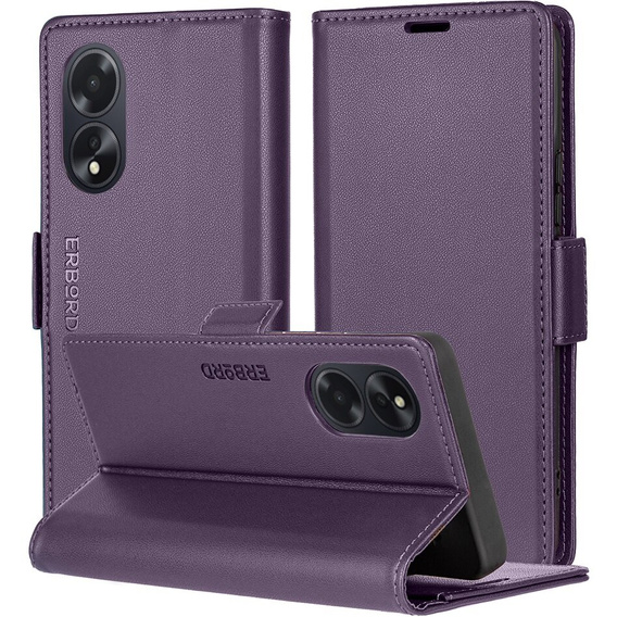 Tok Oppo A18 4G / A38 4G, ERBORD Glossy Litchi, pénztárca patenttal, lila
