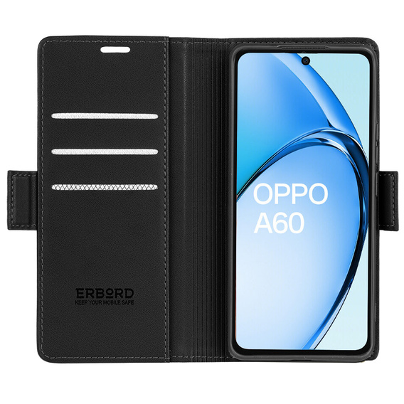 Tok Oppo A60, ERBORD Glossy Litchi, pénztárca patenttal, fekete