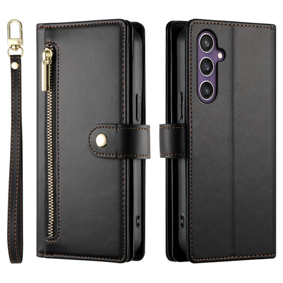 Pattintható tok a Samsung Galaxy S25, Wallet Zipper Pocket, fekete
