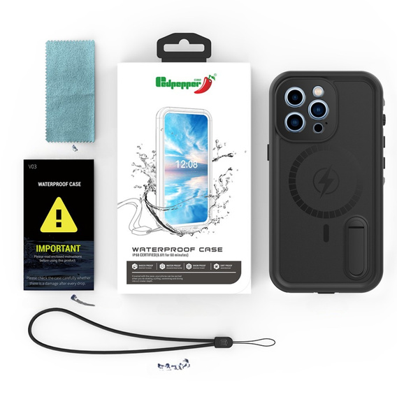 Vízálló tok iPhone 13 Pro Max, Redpepper, MagSafe-hoz, fekete