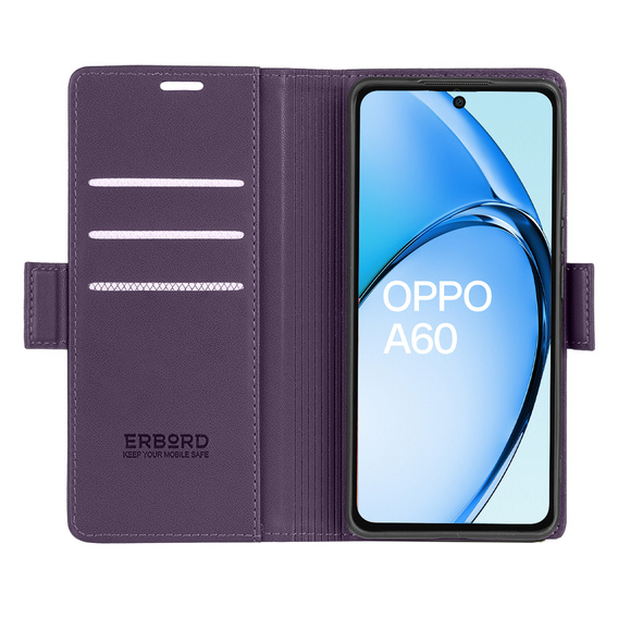 Tok Oppo A60, ERBORD Glossy Litchi, pénztárca patenttal, lila