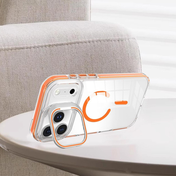 Tok iPhone 17 Pro Max készülékhez, MagSafe, állvánnyal, átlátszó, narancssárga betétekkel