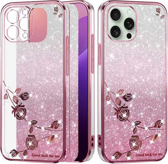 Tok iPhone 16 Pro Max, Glitter Flower, rózsaszín rose gold
