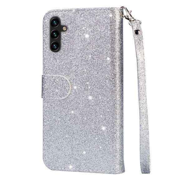 Pattintható tok a Samsung Galaxy A55, Wallet Zipper Pocket Glittery, ezüst