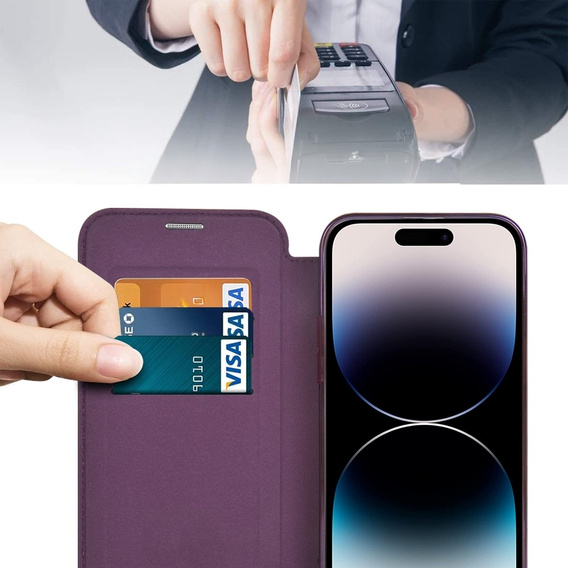 Pattintható tok a iPhone 14 Pro Max, RFID Wallet MagSafe CamShield, lila
