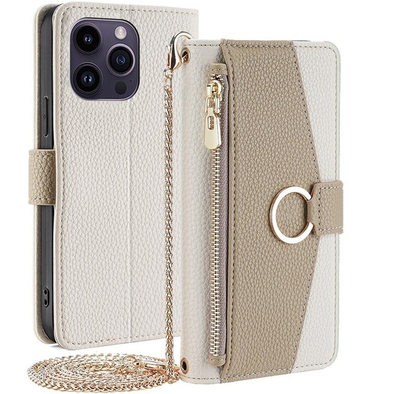 Flip tok iPhone 15 Pro Max, Wallet Zipper Pocket, tükörrel, fehér