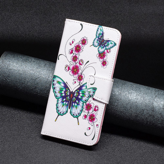 Pattintható tok a Xiaomi Redmi Note 13 5G, Wallet, Butterflies & Flowers fehér