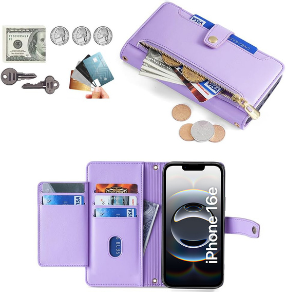 Pattintható tok a iPhone 16E, Wallet Zipper Pocket, lila
