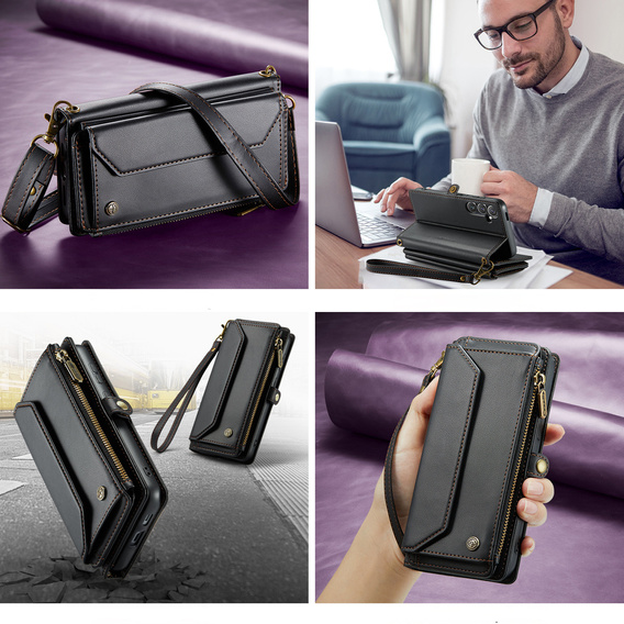 Tok CASEME Samsung Galaxy S25 FE, RFID Leather Wallet, vállpánttal, fekete