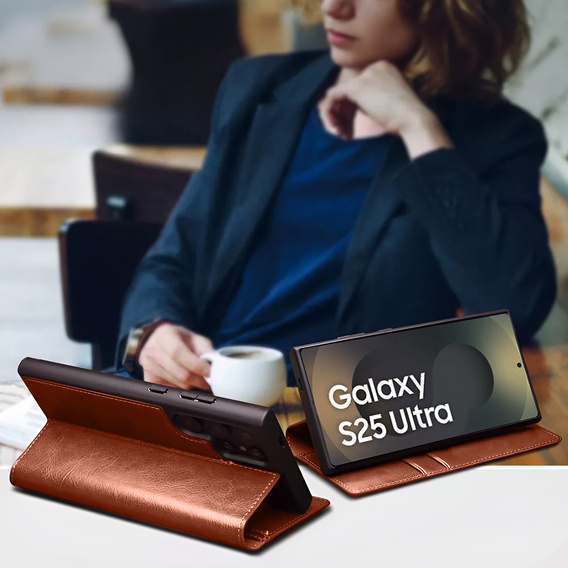 Flip tok Samsung Galaxy S25 Ultra, QIALINO Leather Wallet, barna