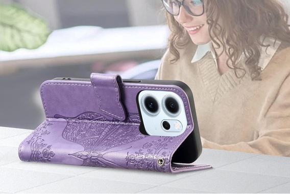 Pattintható tok Oppo Reno 14F, pénztárca, Butterfly, lila